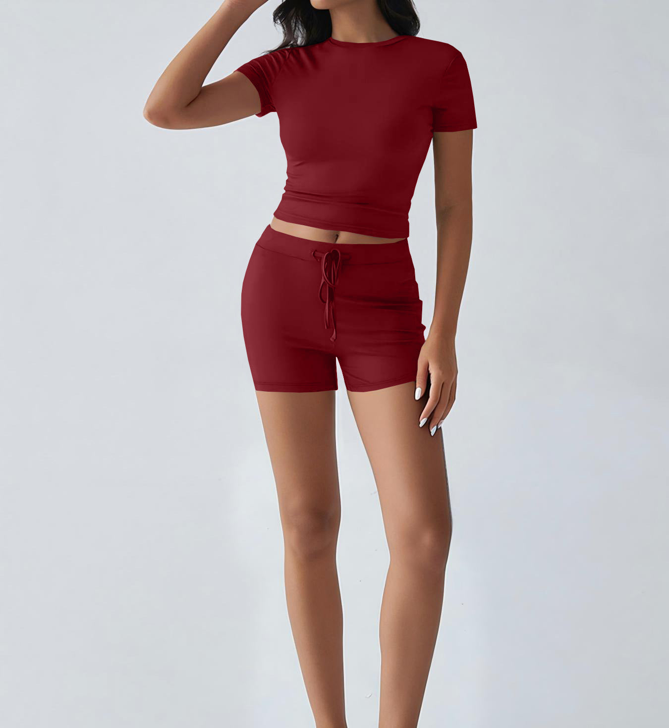 New Breathable Yoga Short-Sleeve Top And Shorts Drawstring Casual Sports Womens Set