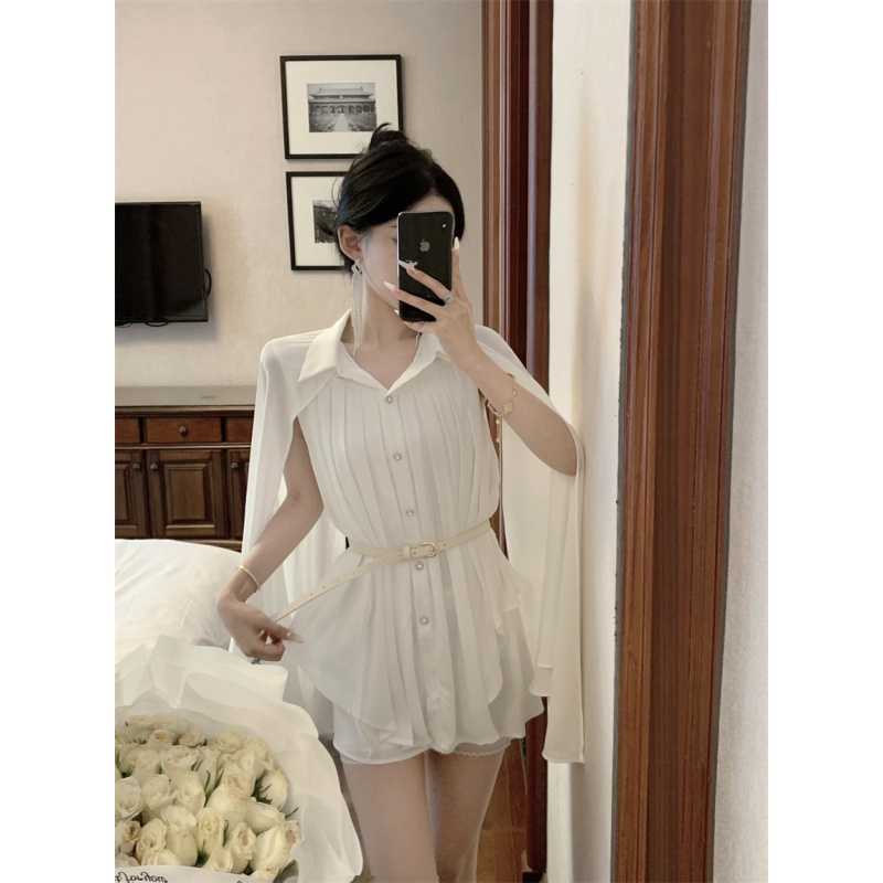 White Cloak Shawl Chiffon Pleated Shirt With Belt