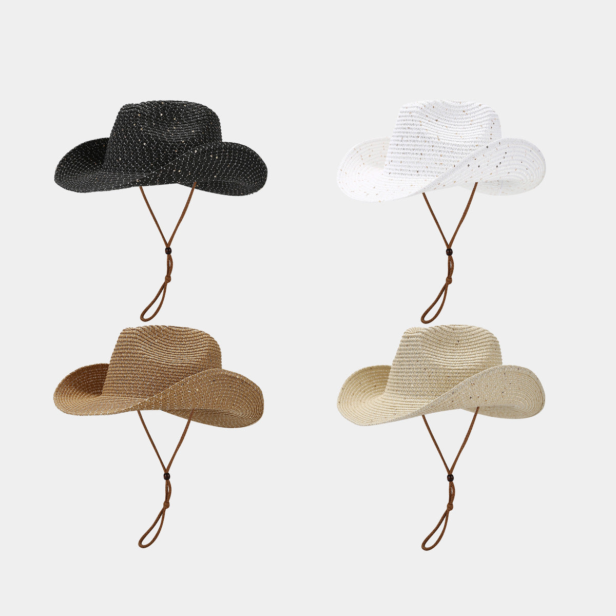 New Womens Panama Straw Weaved Sequin Windproof Sun Hat