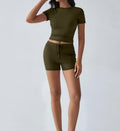 New Breathable Yoga Short-Sleeve Top And Shorts Drawstring Casual Sports Womens Set