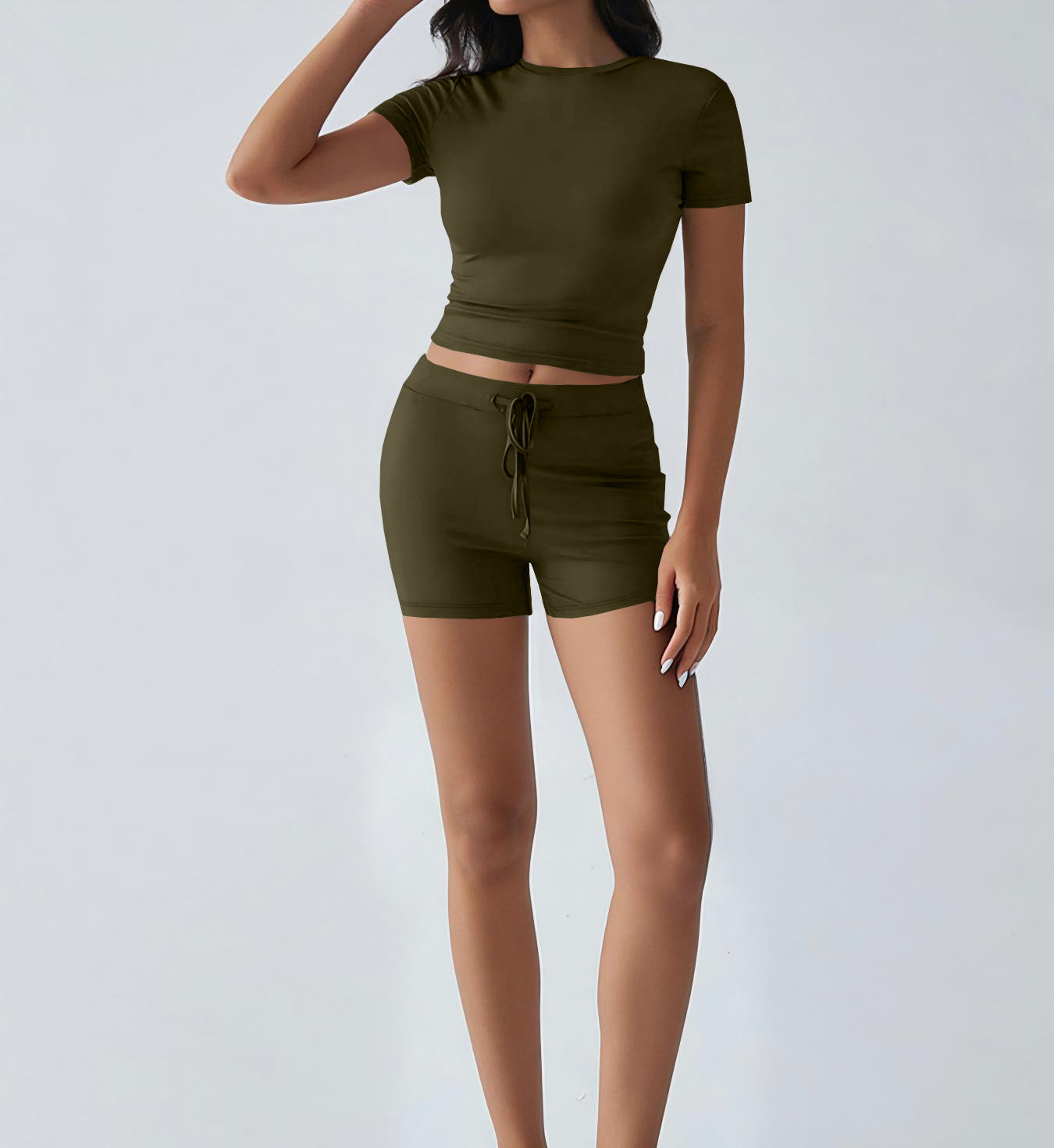 New Breathable Yoga Short-Sleeve Top And Shorts Drawstring Casual Sports Womens Set