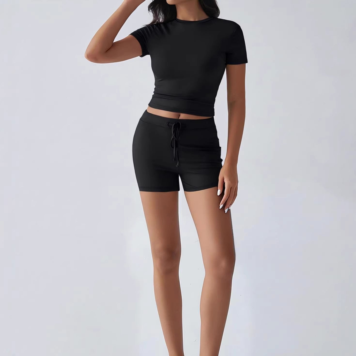 New Breathable Yoga Short-Sleeve Top And Shorts Drawstring Casual Sports Womens Set