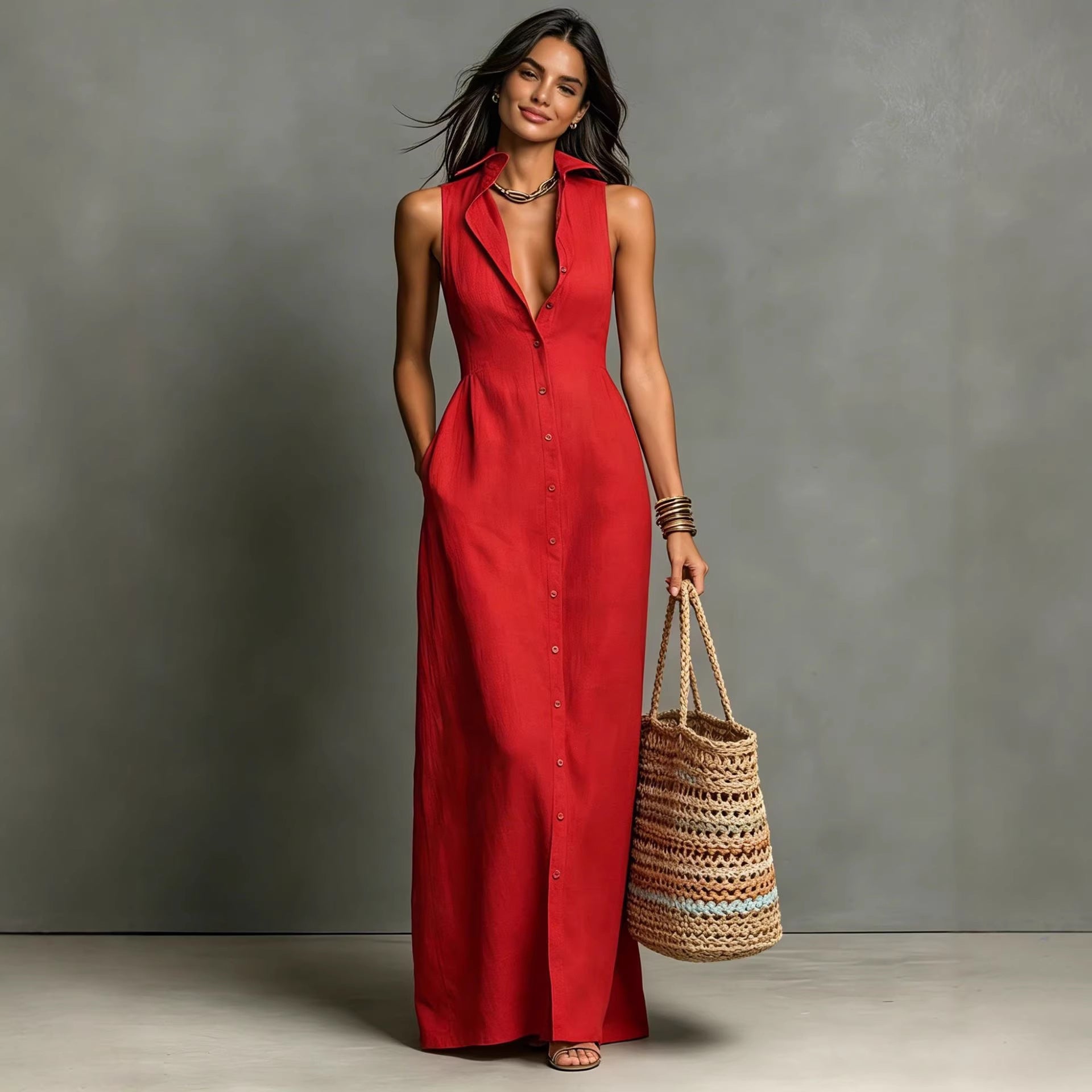 Casual Cotton Linen Bag-Sleeveless Solid Color Dress