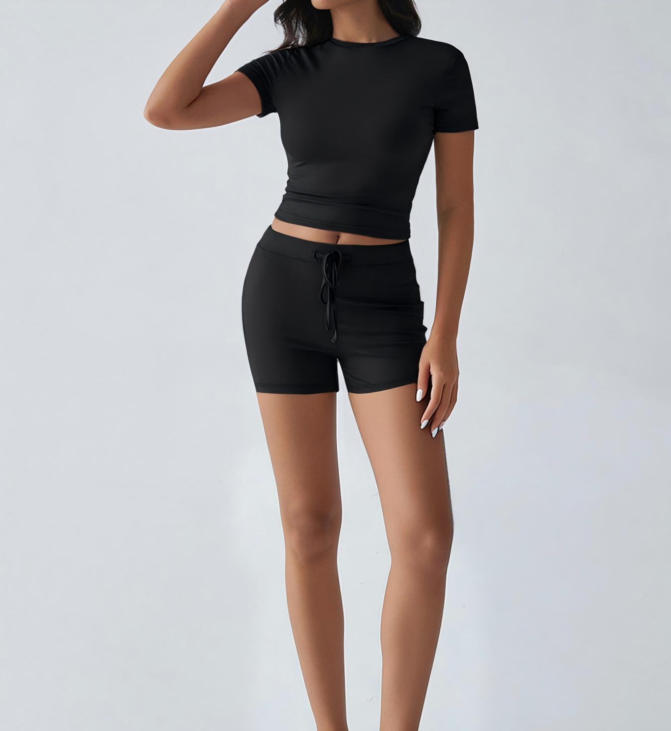 New Breathable Yoga Short-Sleeve Top And Shorts Drawstring Casual Sports Womens Set