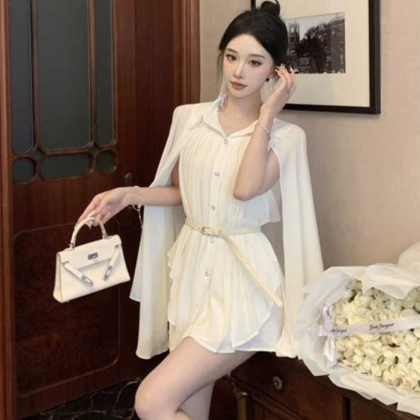 White Cloak Shawl Chiffon Pleated Shirt With Belt