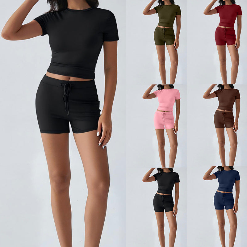 New Breathable Yoga Short-Sleeve Top And Shorts Drawstring Casual Sports Womens Set