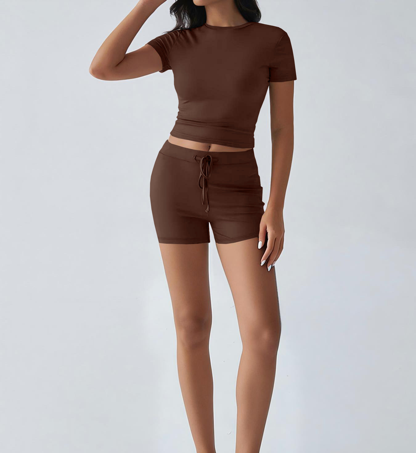 New Breathable Yoga Short-Sleeve Top And Shorts Drawstring Casual Sports Womens Set