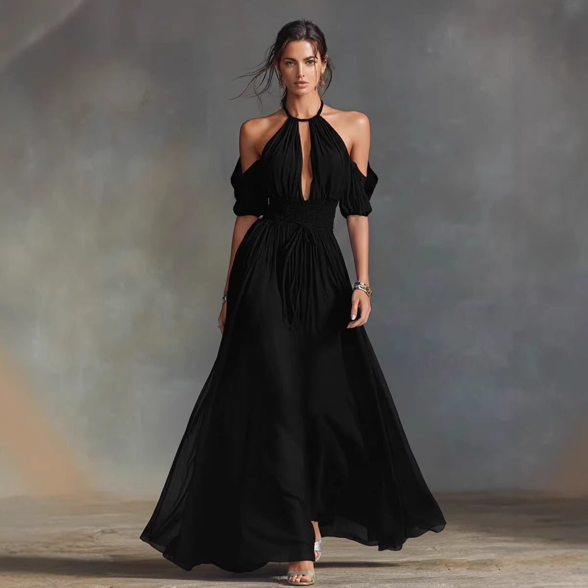 Womens Solid-Colored Halter Maxi Dress