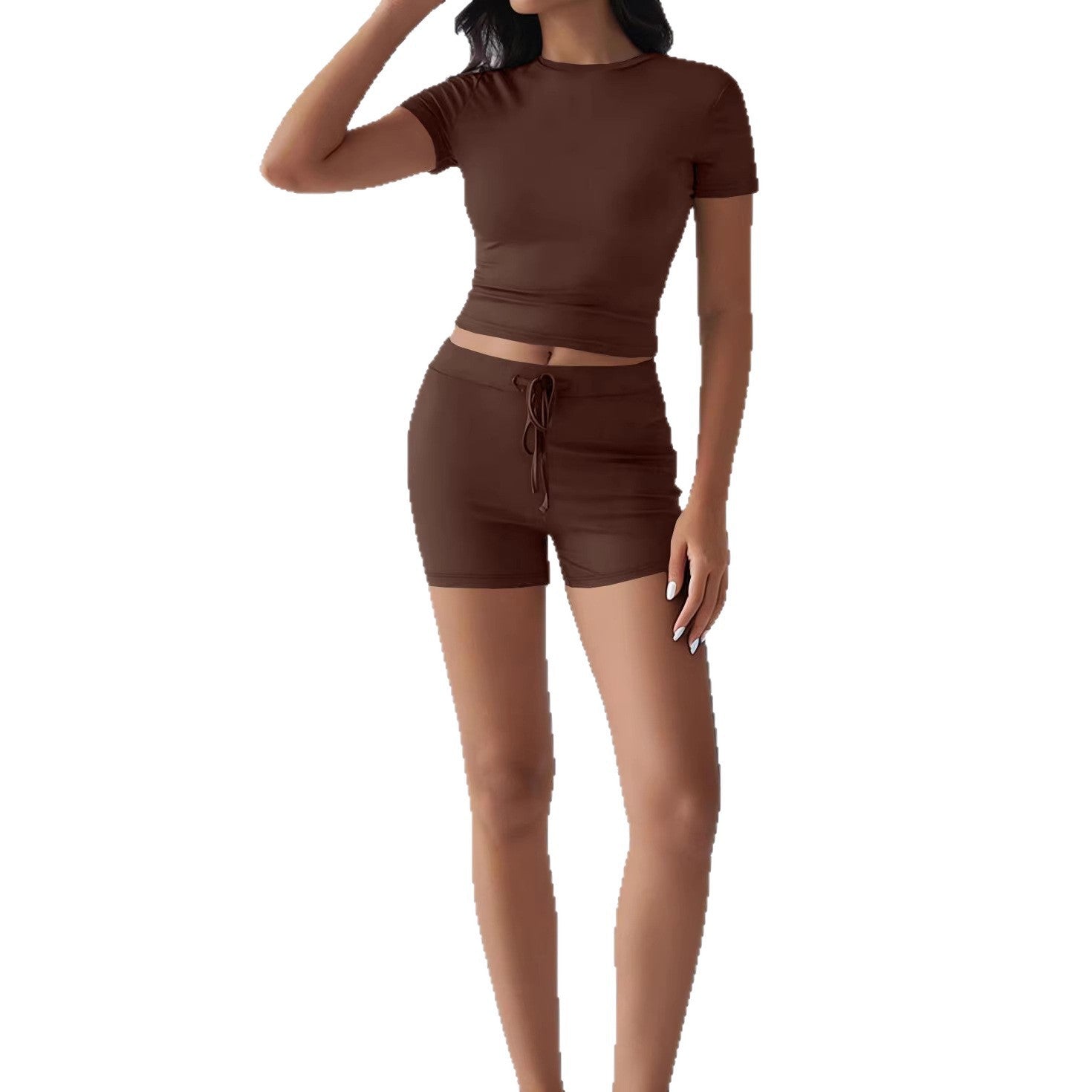 New Breathable Yoga Short-Sleeve Top And Shorts Drawstring Casual Sports Womens Set