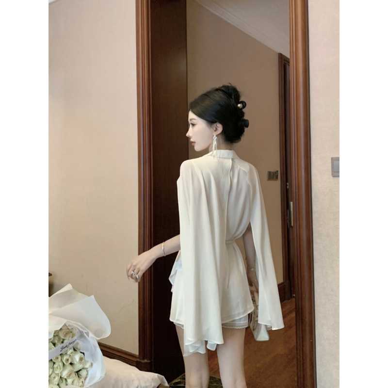 White Cloak Shawl Chiffon Pleated Shirt With Belt
