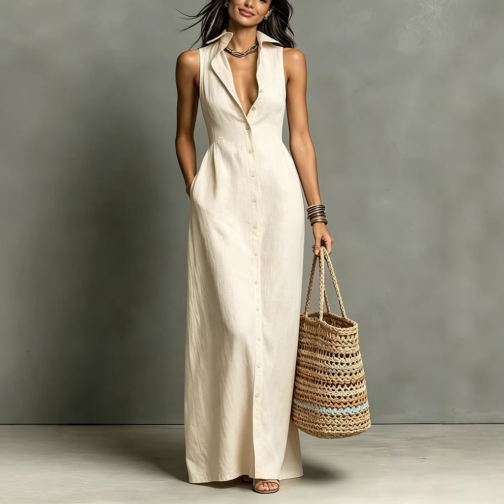 Casual Cotton Linen Bag-Sleeveless Solid Color Dress