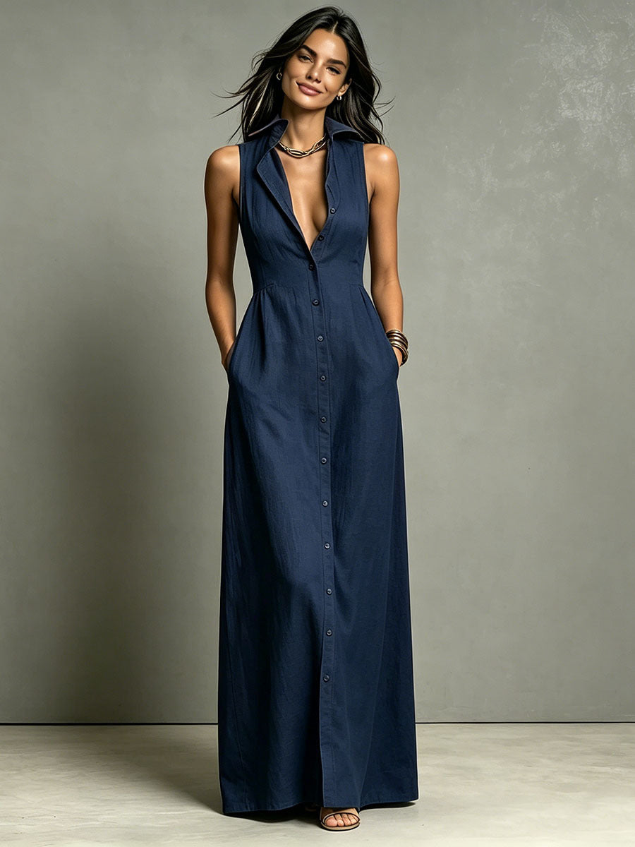 Casual Cotton Linen Bag-Sleeveless Solid Color Dress