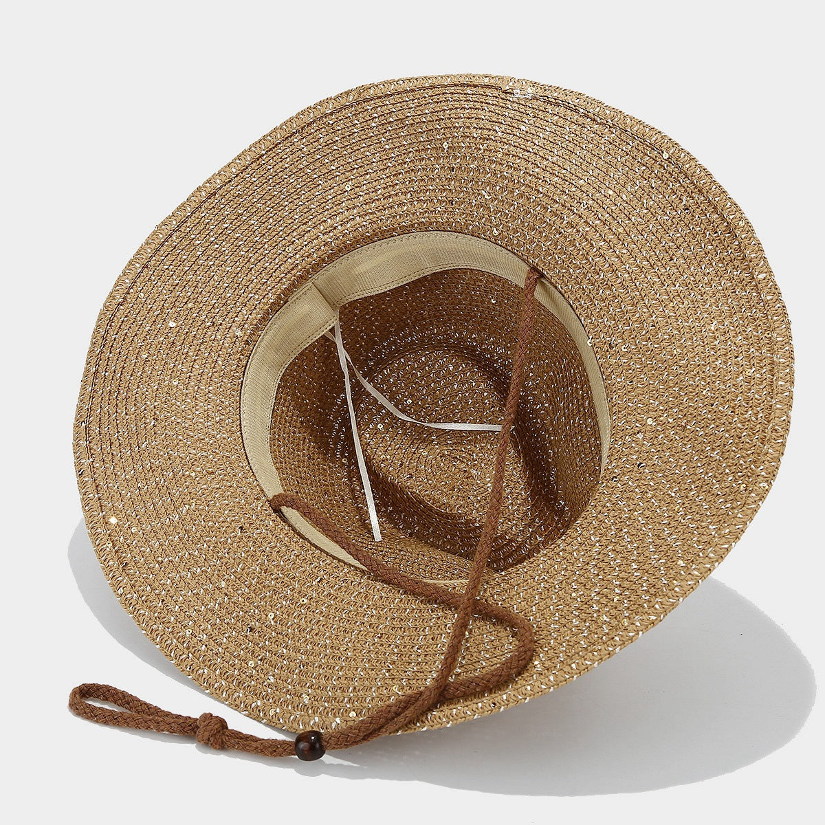 New Womens Panama Straw Weaved Sequin Windproof Sun Hat