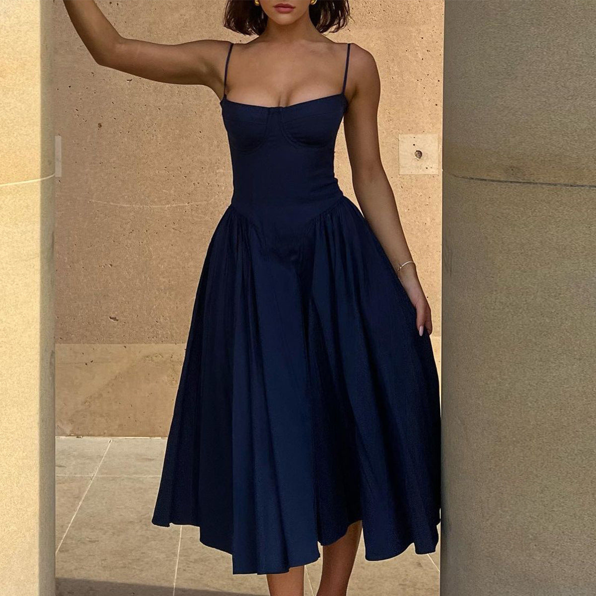 Spicy Sexy V-Neck Slip Dress With Waist-Cinching Design, Slimming Backless Style For Women