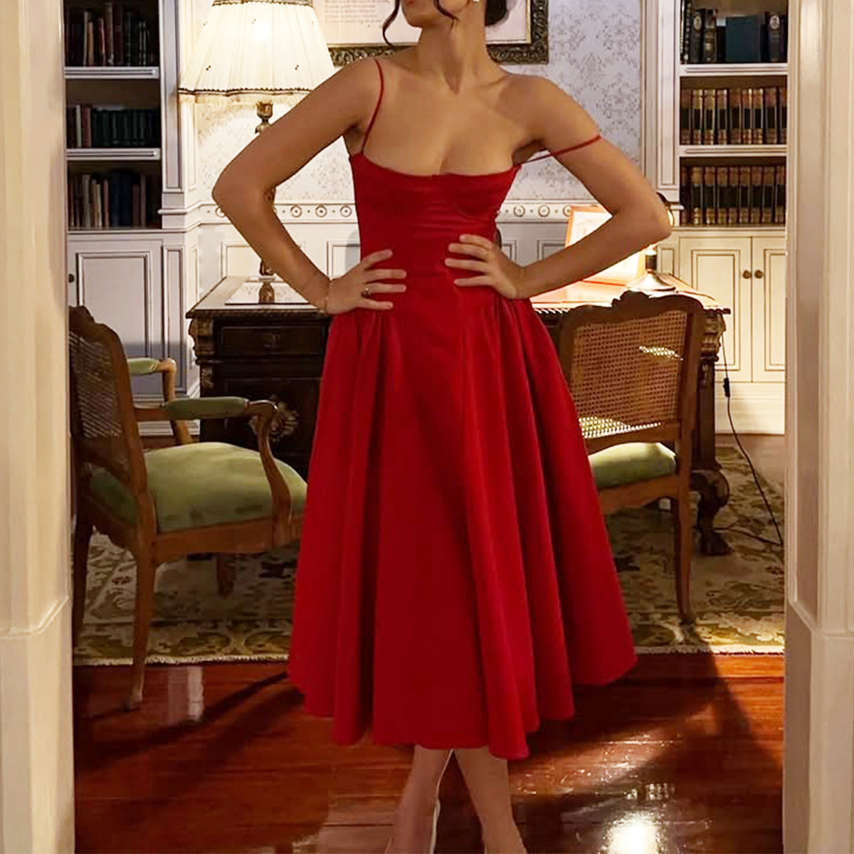 Spicy Sexy V-Neck Slip Dress With Waist-Cinching Design, Slimming Backless Style For Women