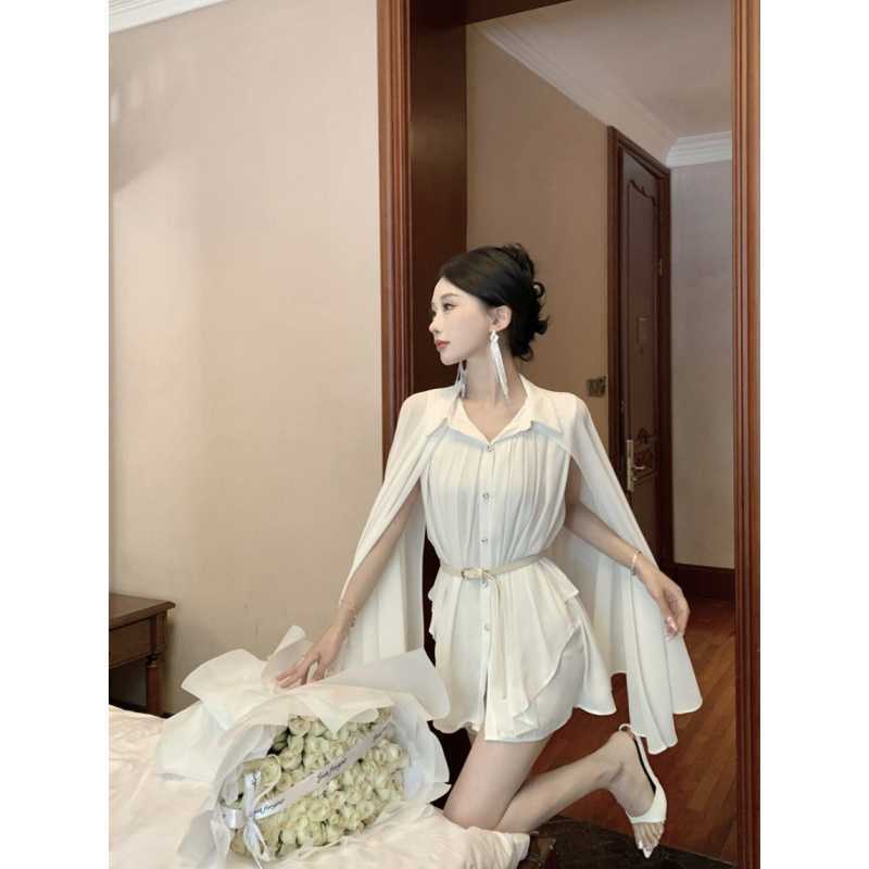 White Cloak Shawl Chiffon Pleated Shirt With Belt